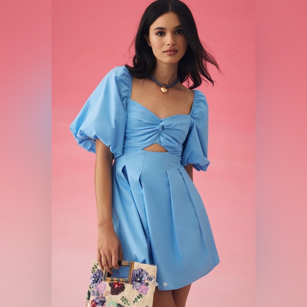 Anthropologie | Moon River Puff Sleeve Babydoll Dress, sky blue, petite small